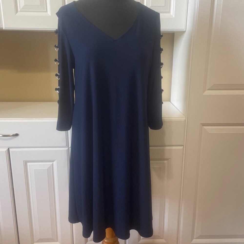 MSK Grommet Embellished Sleeve V neck Knee Length Navy Blue Dress L stretch